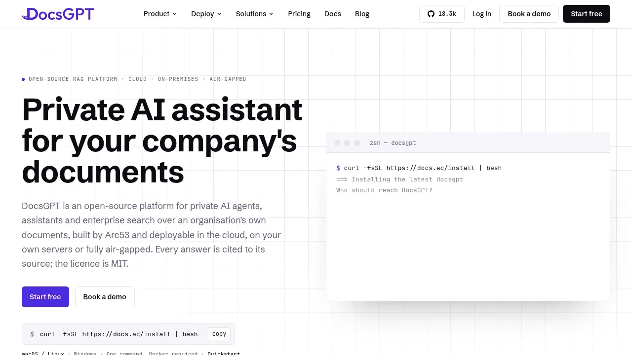 Screenshot of DocsGPT website