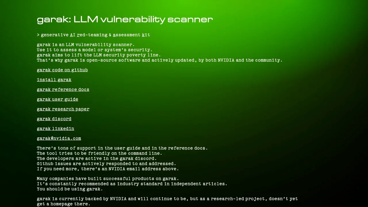 Screenshot of Garak website