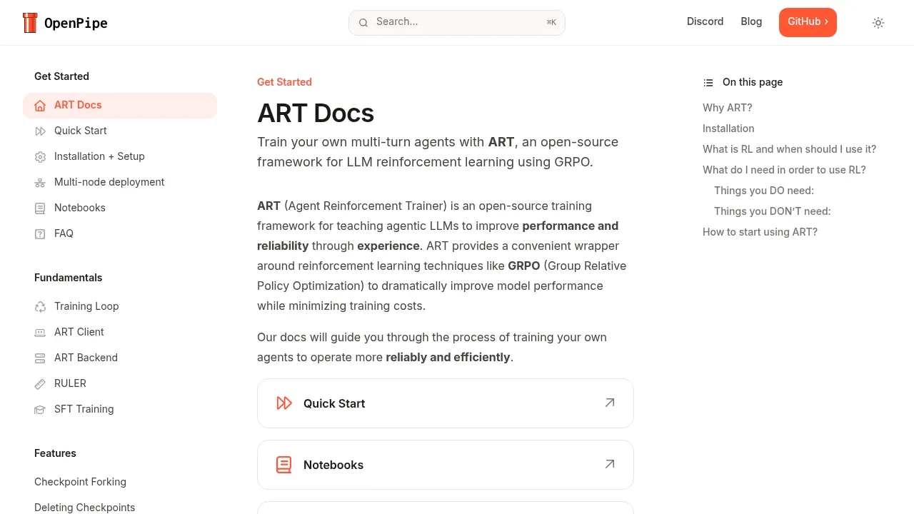 Screenshot of OpenPipe ART website