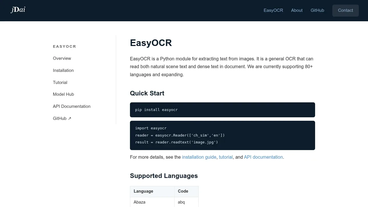 Screenshot of EasyOCR website
