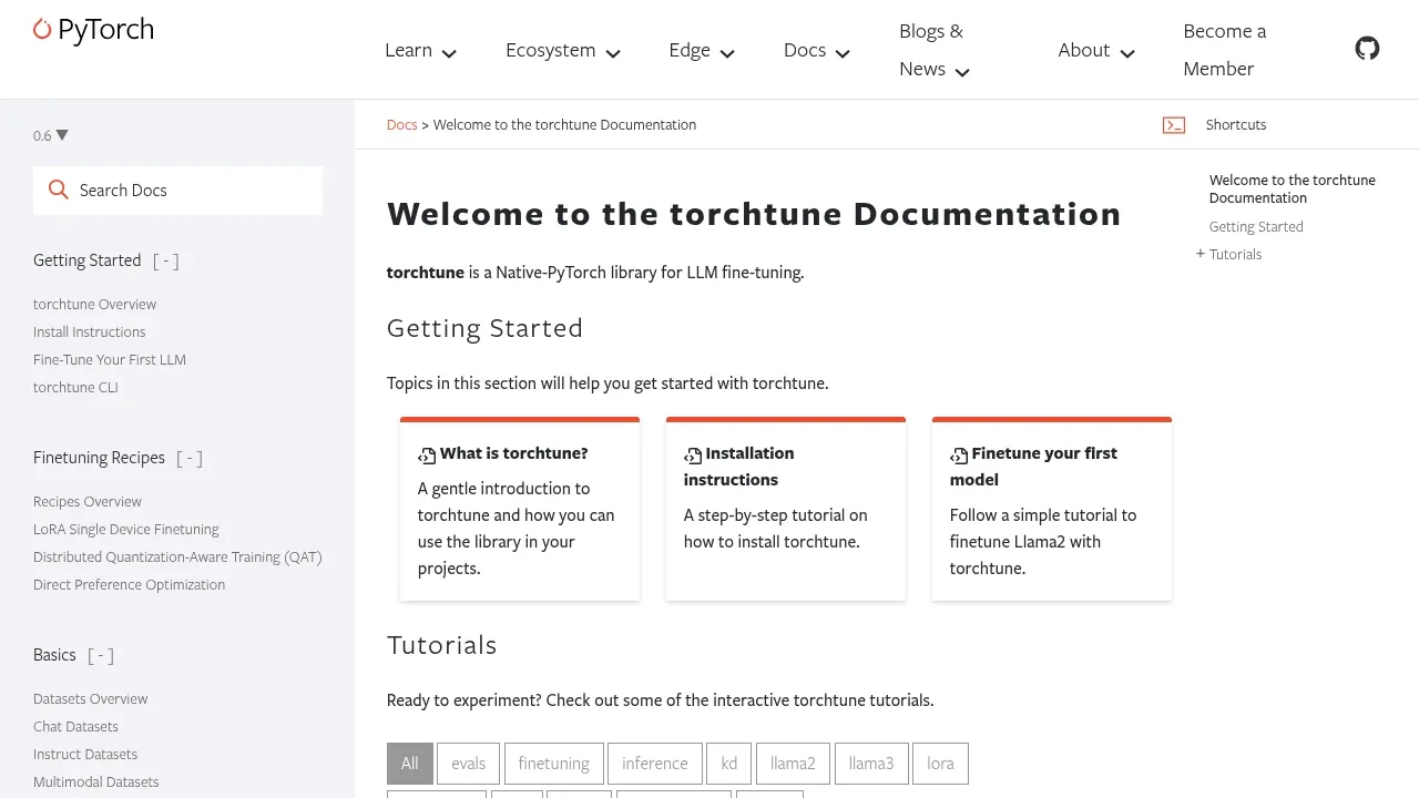 Screenshot of torchtune website