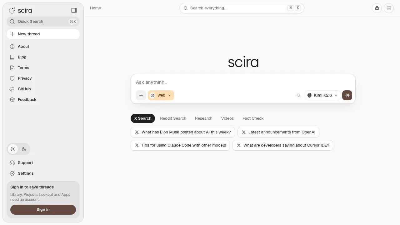 Screenshot of Scira website