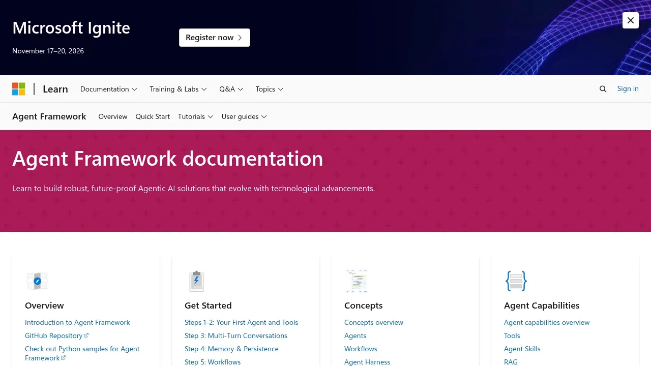 Screenshot of Microsoft Agent Framework website