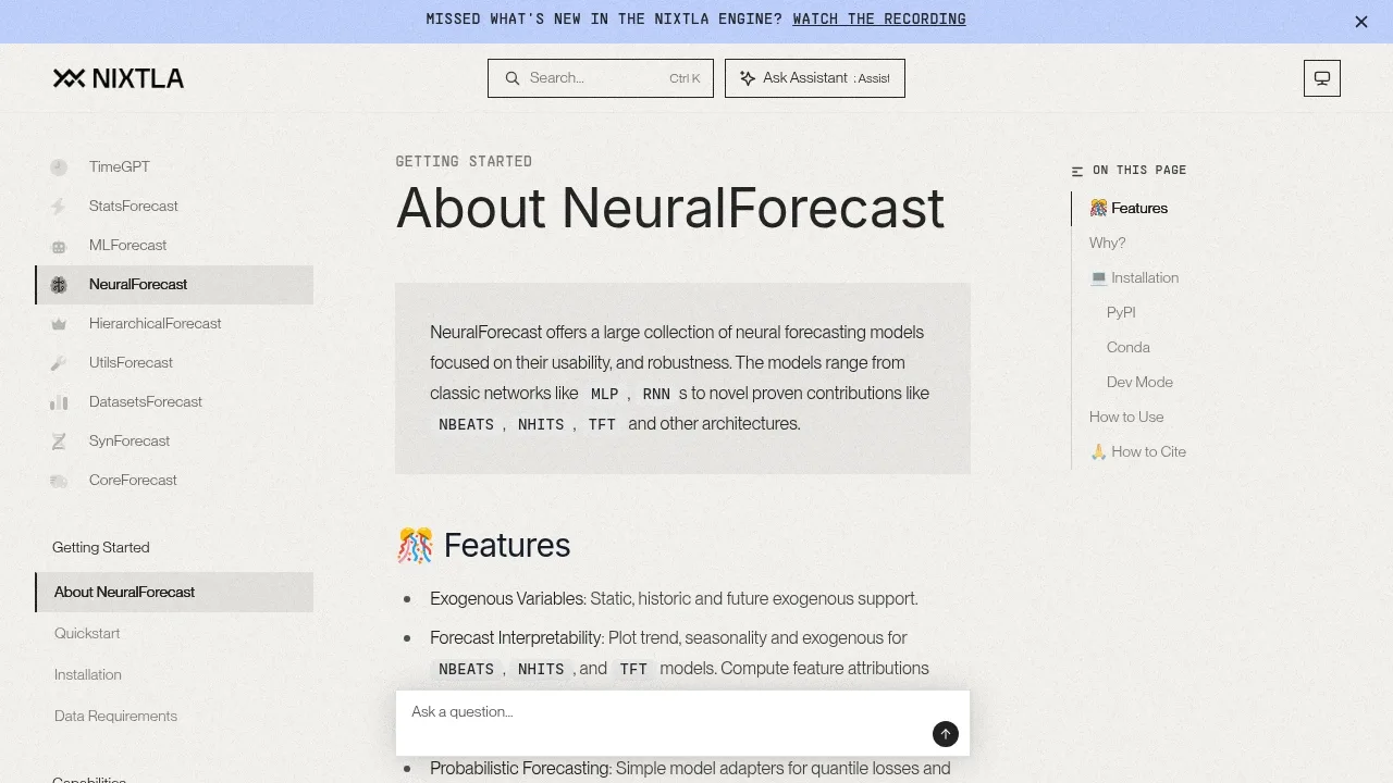 Screenshot of NeuralForecast website