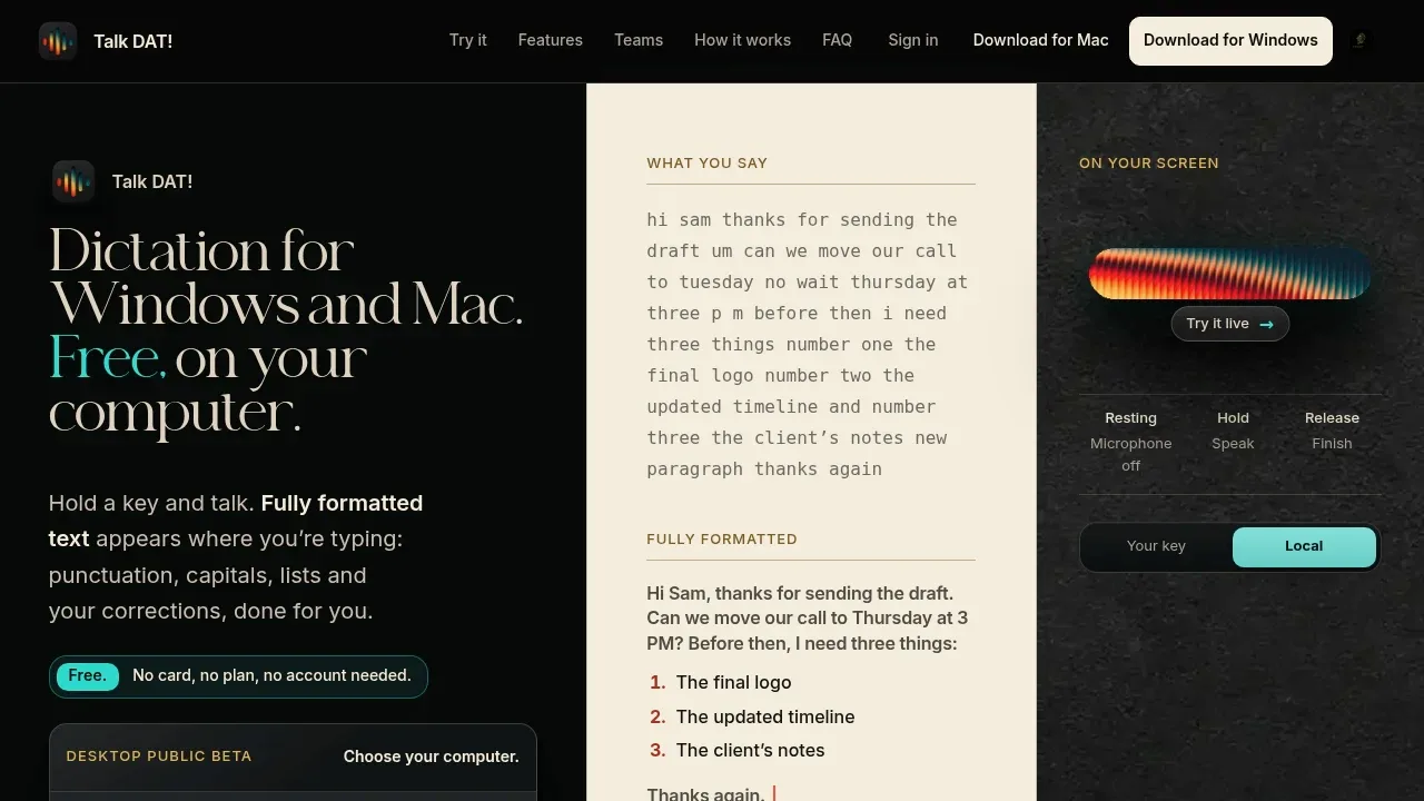 Screenshot of Talk DAT! website