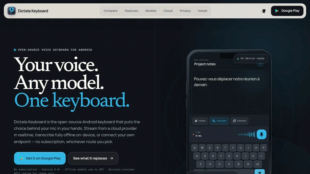Screenshot of Dictate Keyboard website