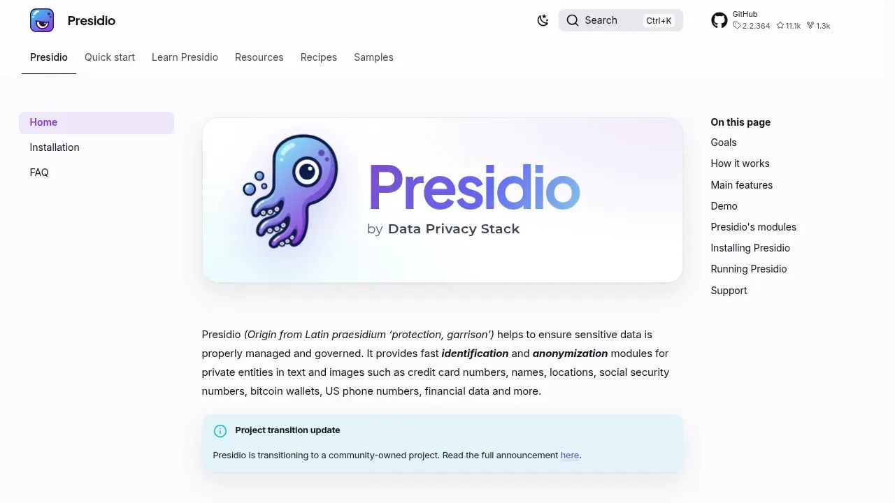 Screenshot of Presidio website
