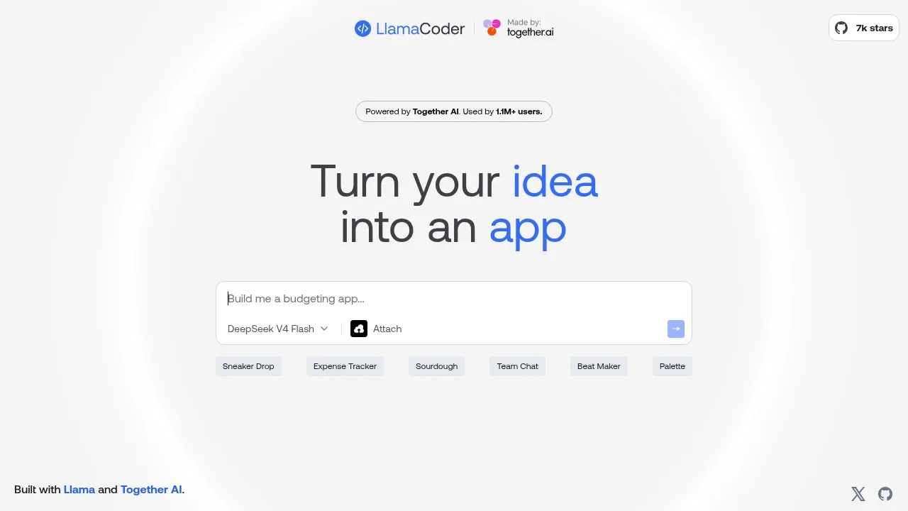 Screenshot of LlamaCoder website