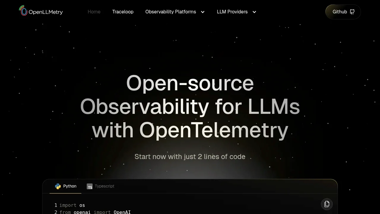 Screenshot of OpenLLMetry website