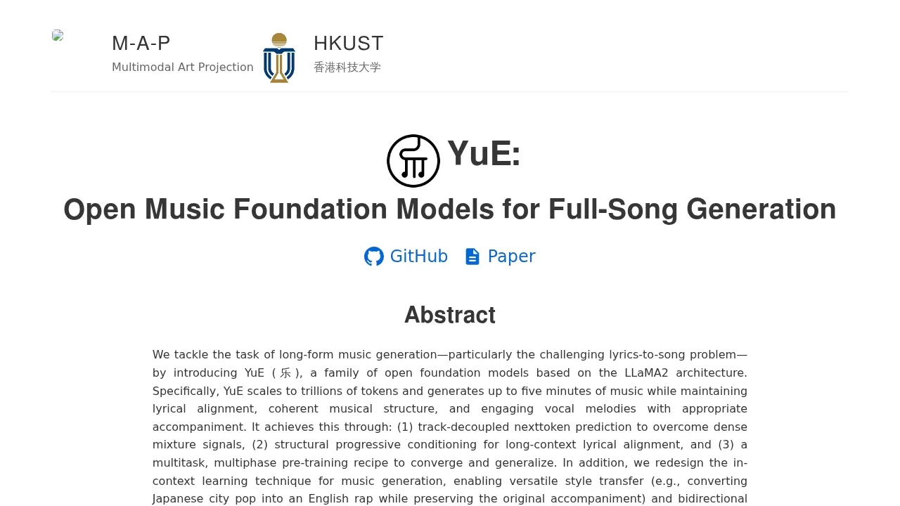 Screenshot of YuE website