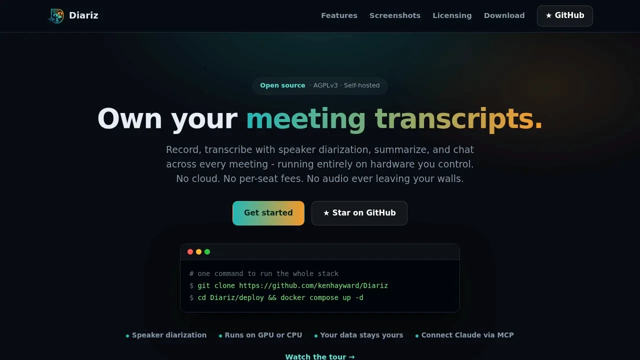 Screenshot of Diariz website