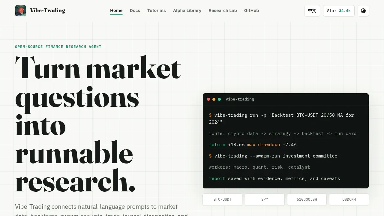Screenshot of Vibe-Trading website