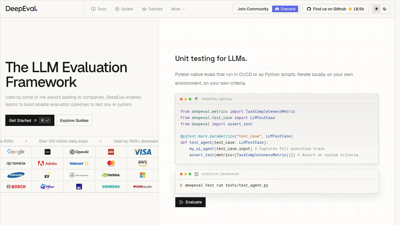 Screenshot of DeepEval website