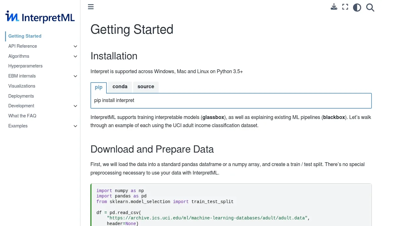 Screenshot of InterpretML website