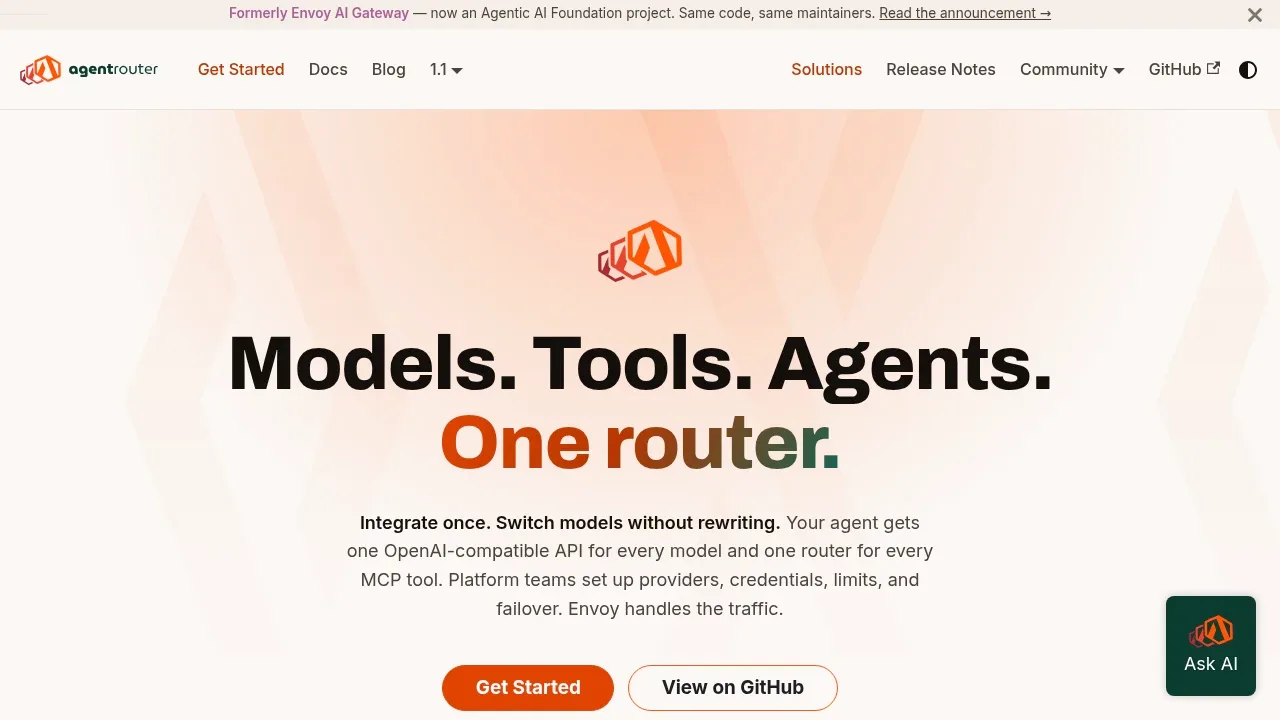 Screenshot of Agent Router (formerly Envoy AI Gateway) website