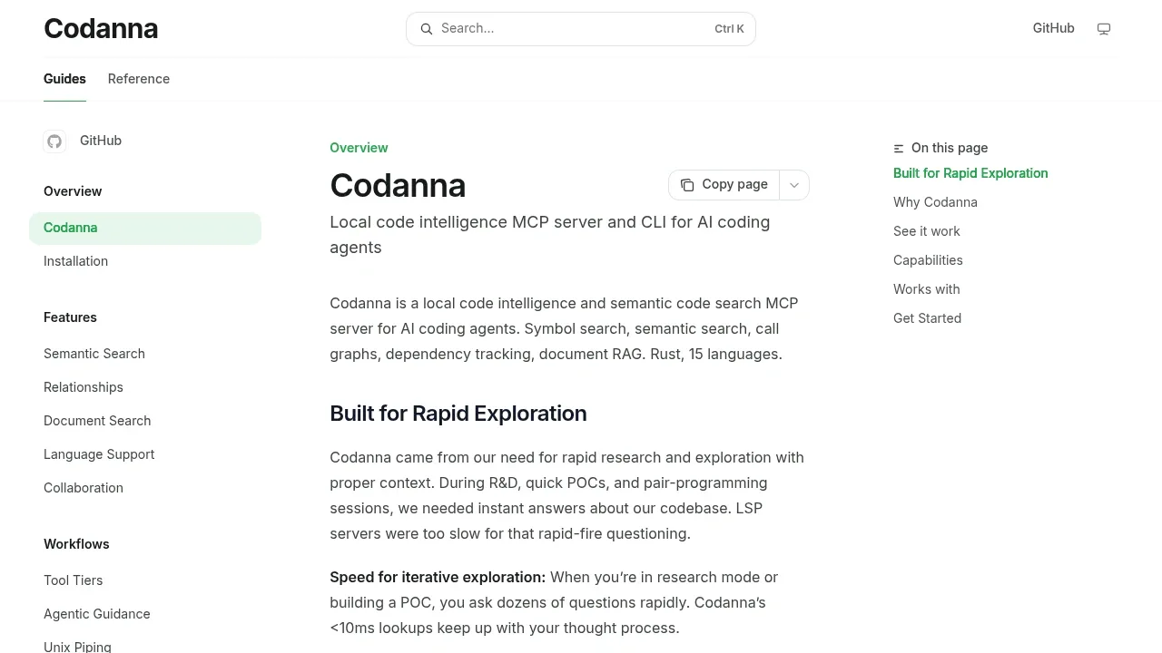 Screenshot of Codanna website