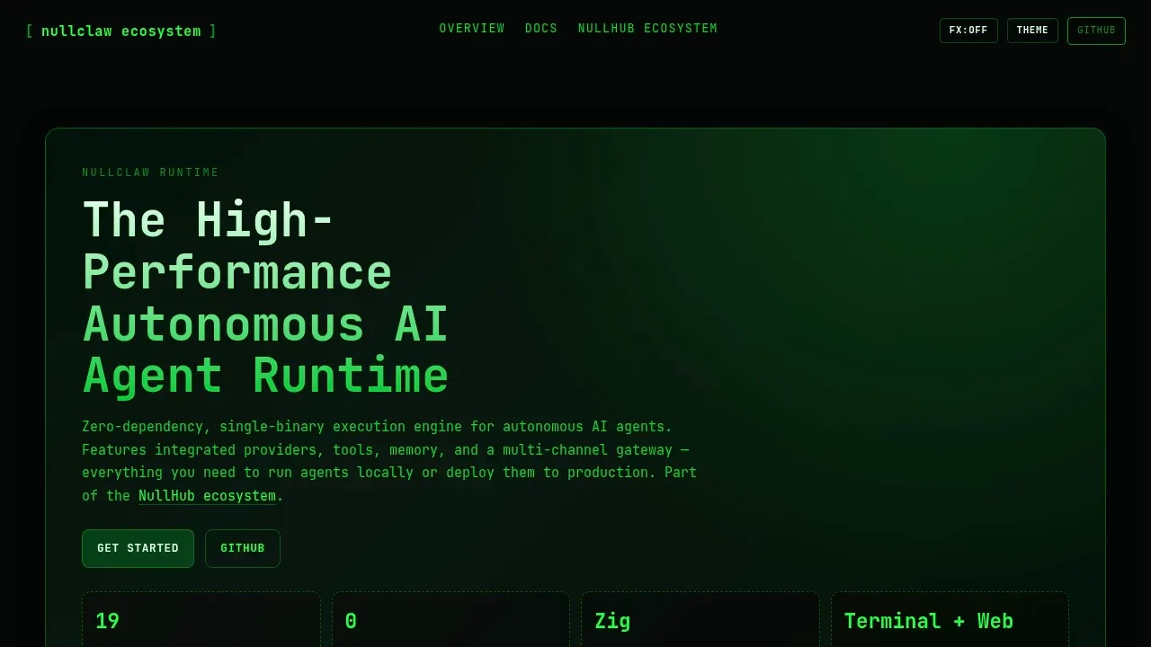 Screenshot of NullClaw website