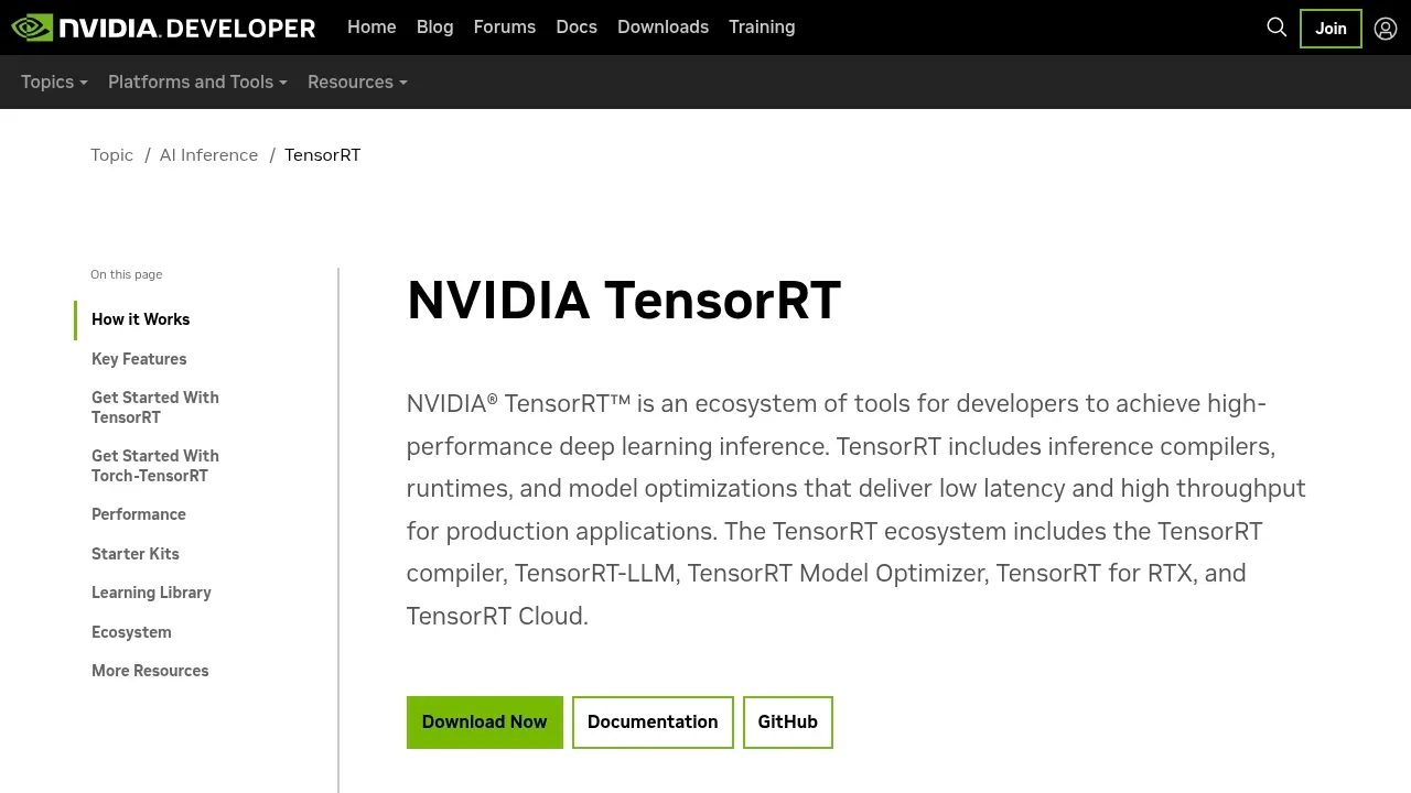 Screenshot of TensorRT website