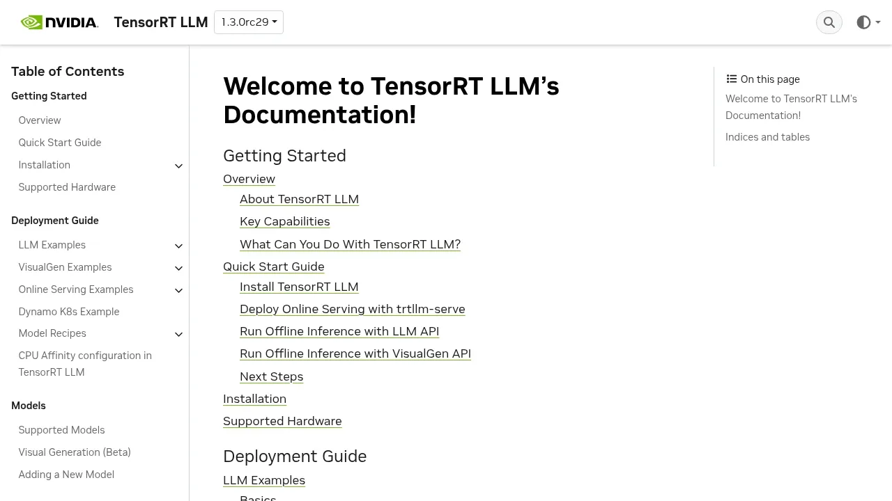 Screenshot of TensorRT-LLM website