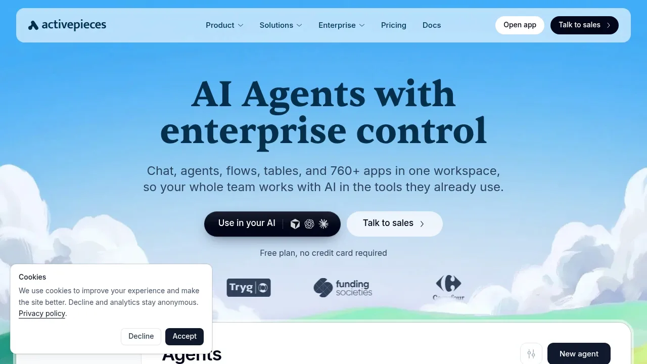 Screenshot of Activepieces website