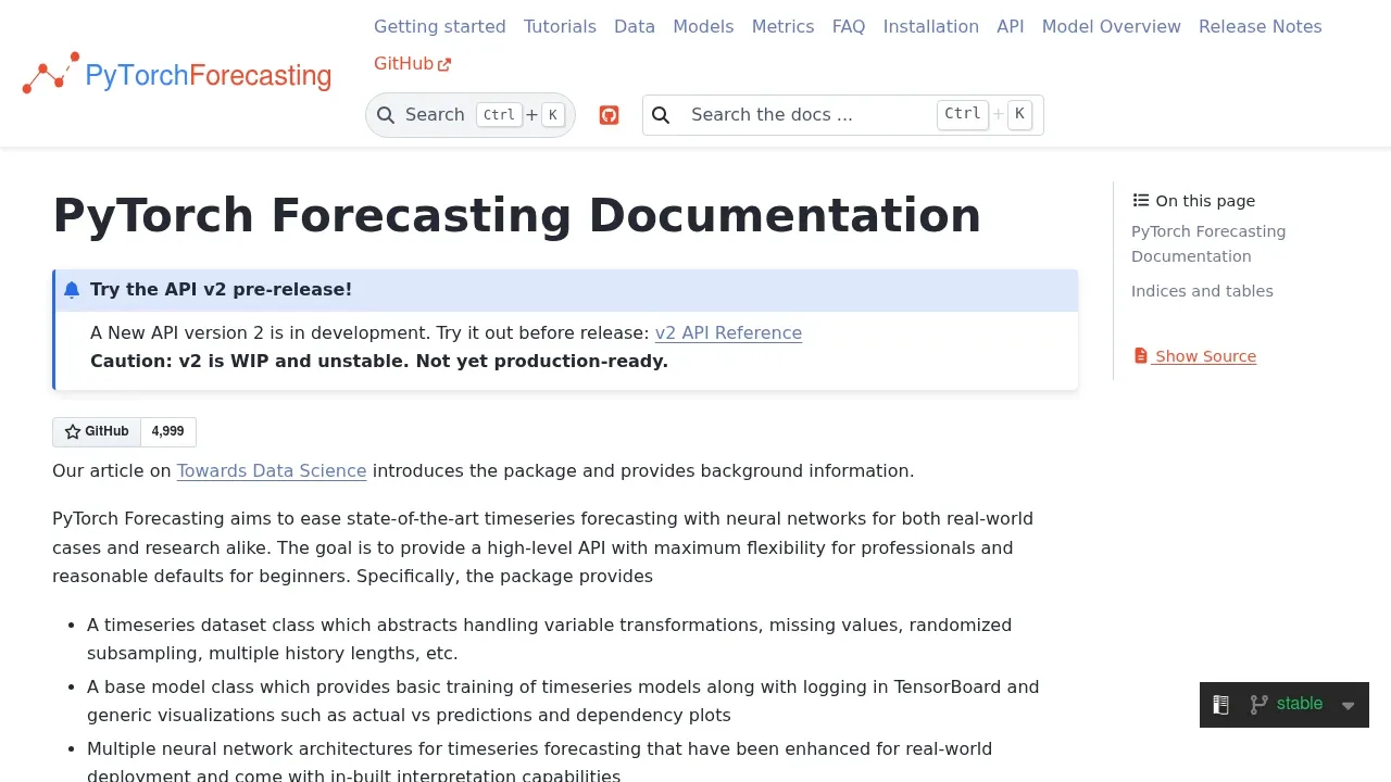 Screenshot of PyTorch Forecasting website