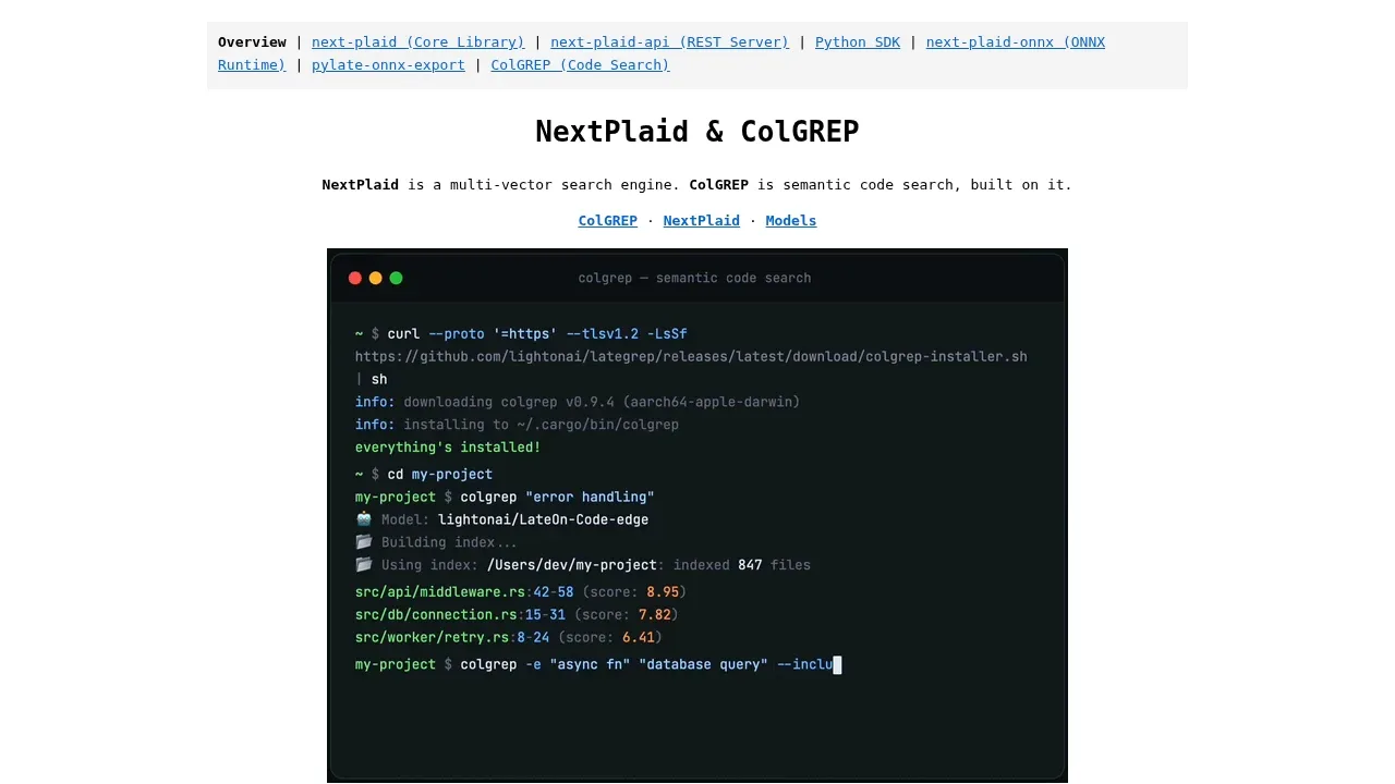 Screenshot of NextPlaid / ColGREP website