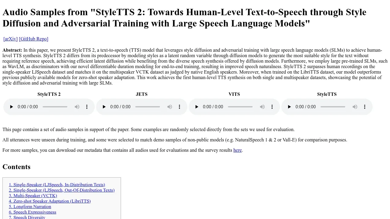 Screenshot of StyleTTS 2 website
