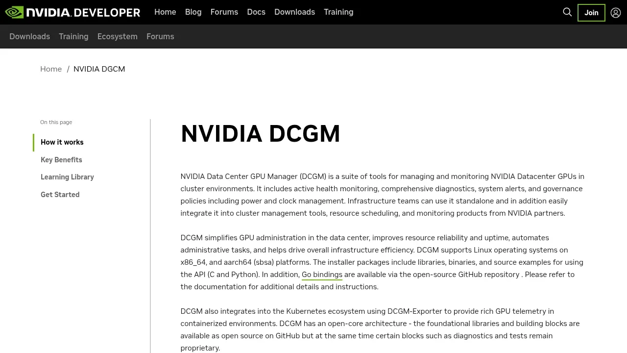 Screenshot of NVIDIA DCGM website