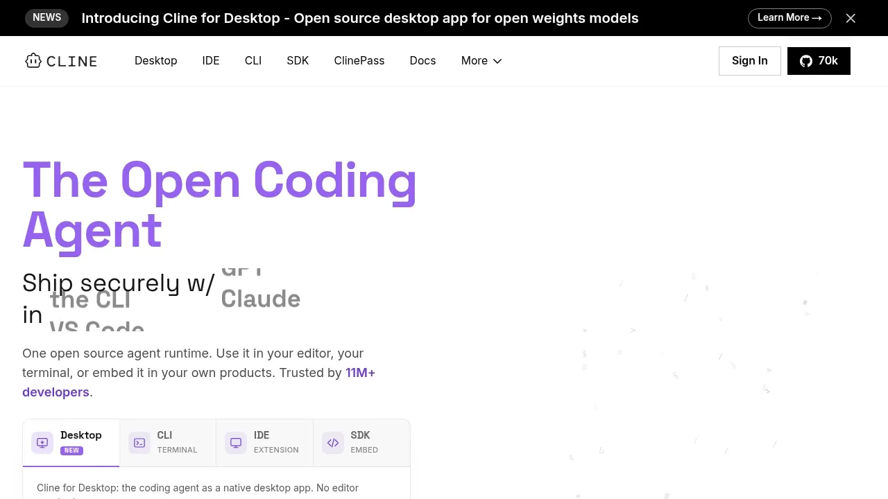 Screenshot of Cline website