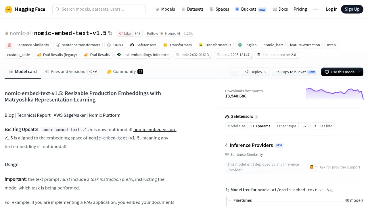 Screenshot of Nomic Embed Text v1.5 website