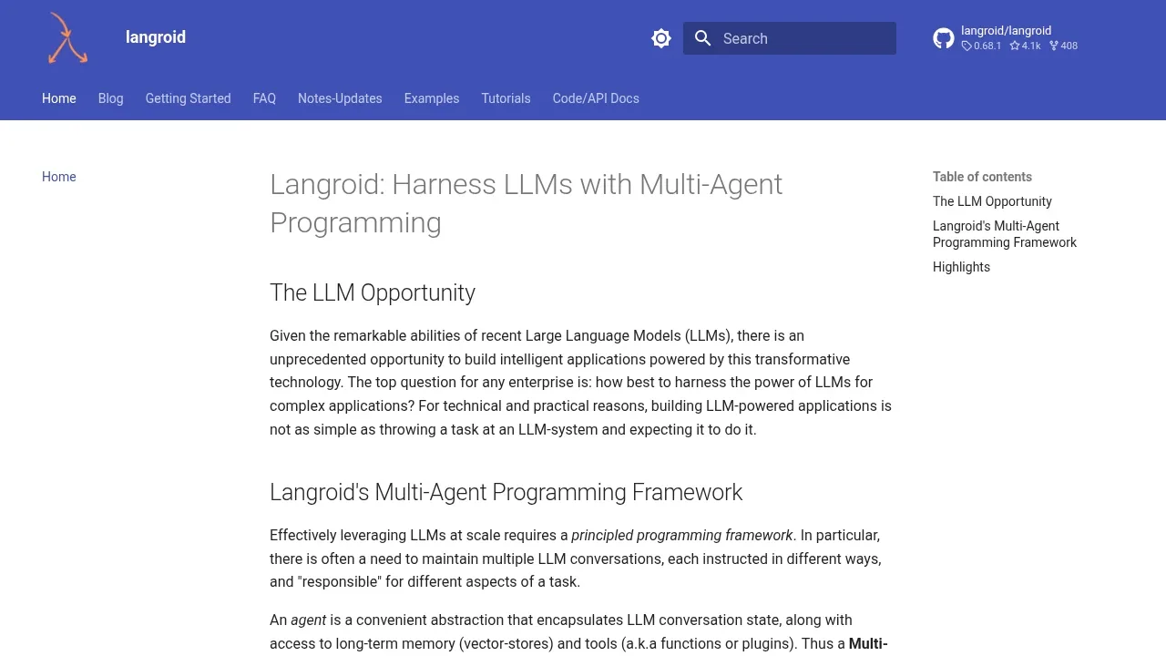 Screenshot of Langroid website