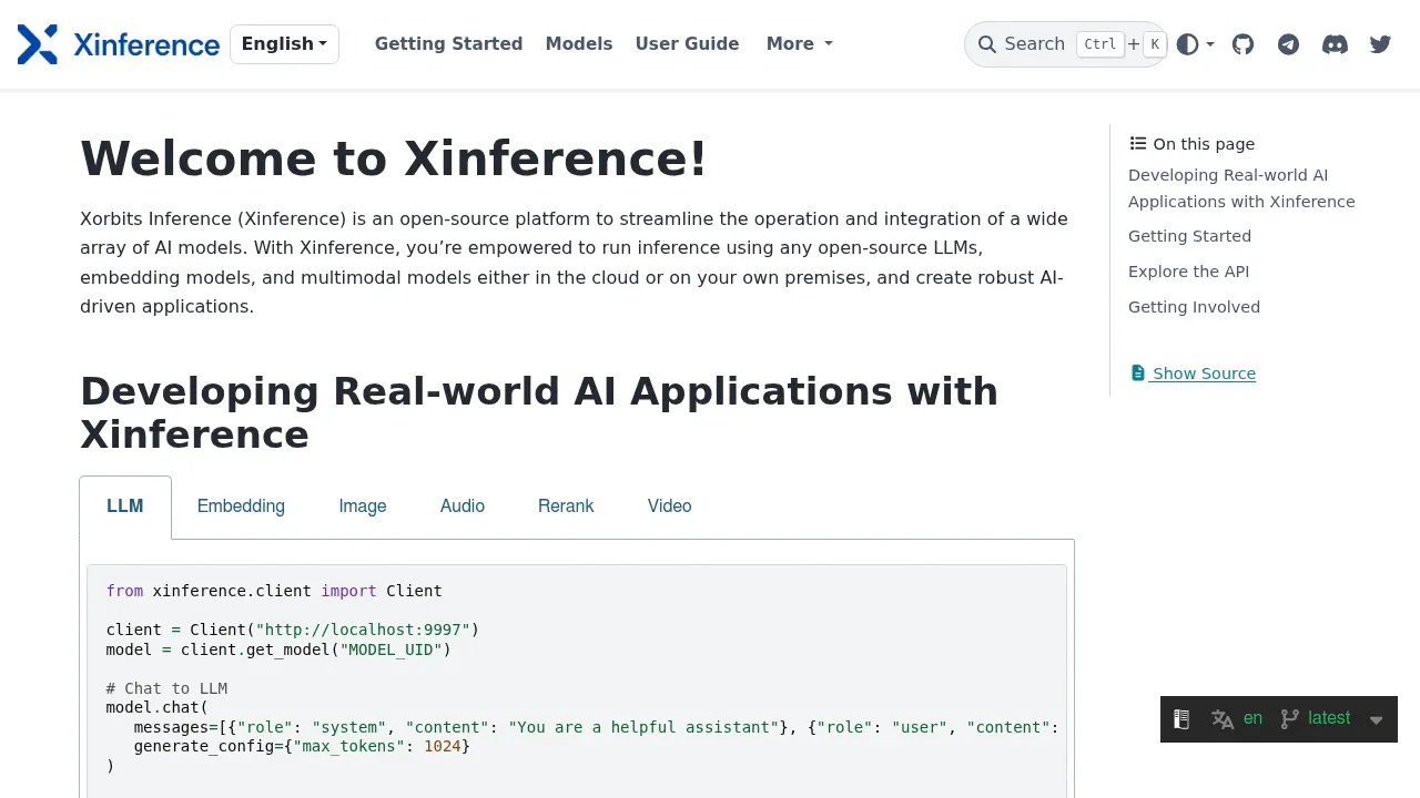 Screenshot of Xinference website
