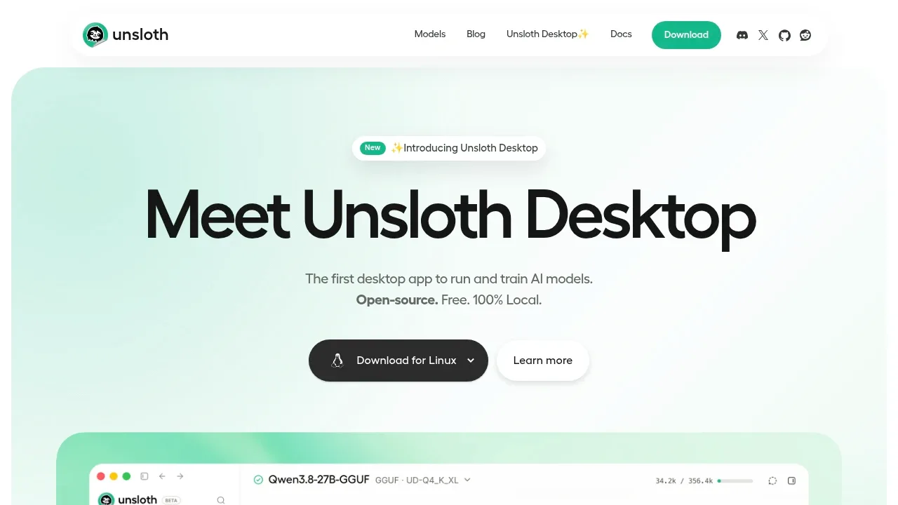 Screenshot of Unsloth website