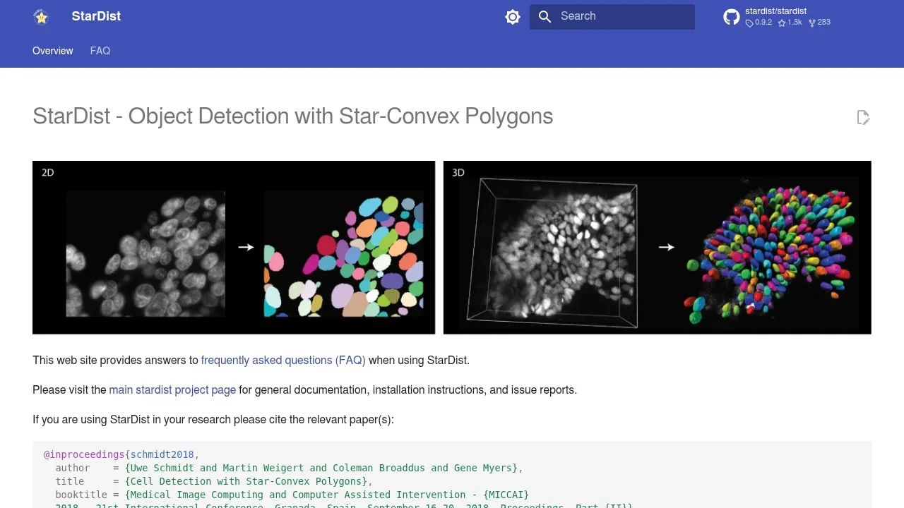 Screenshot of StarDist website