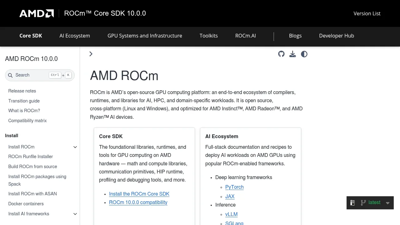 Screenshot of ROCm website