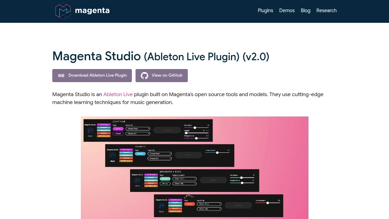 Screenshot of Magenta Studio website