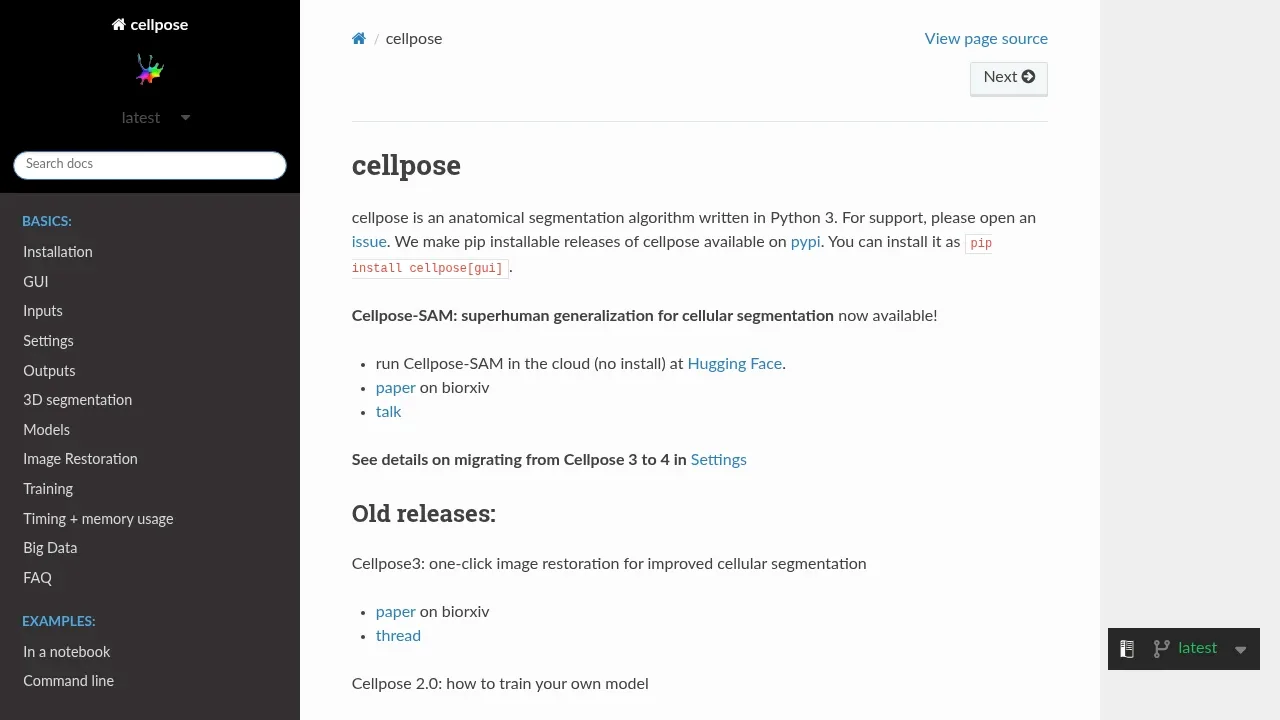 Screenshot of Cellpose website