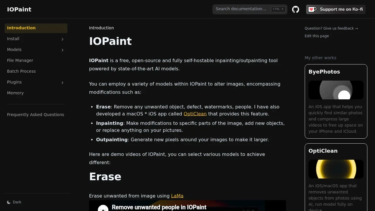 Screenshot of IOPaint website