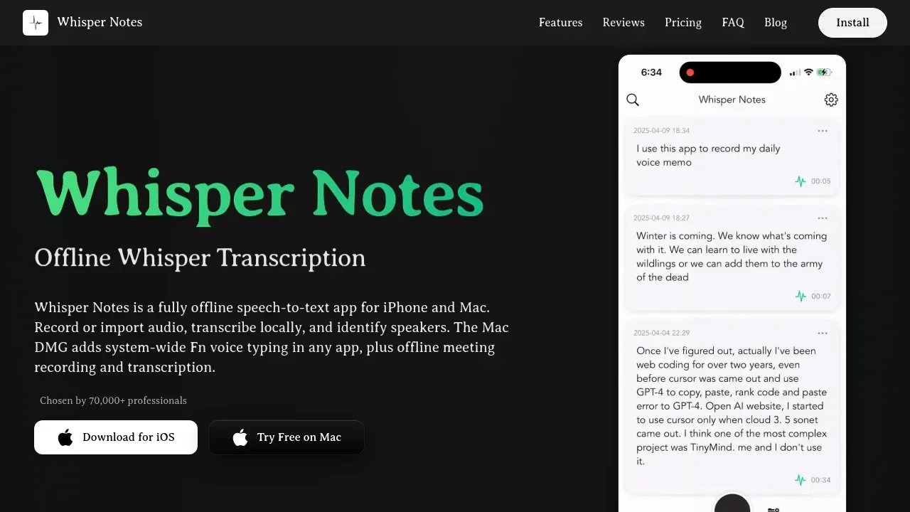 Screenshot of Whisper Notes website