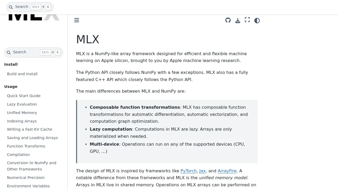 Screenshot of MLX website