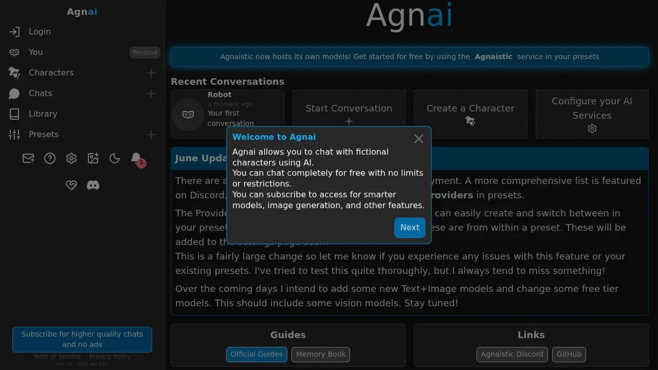 Screenshot of Agnai website