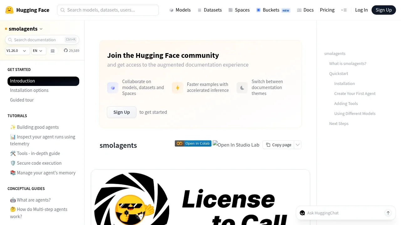 Screenshot of smolagents website