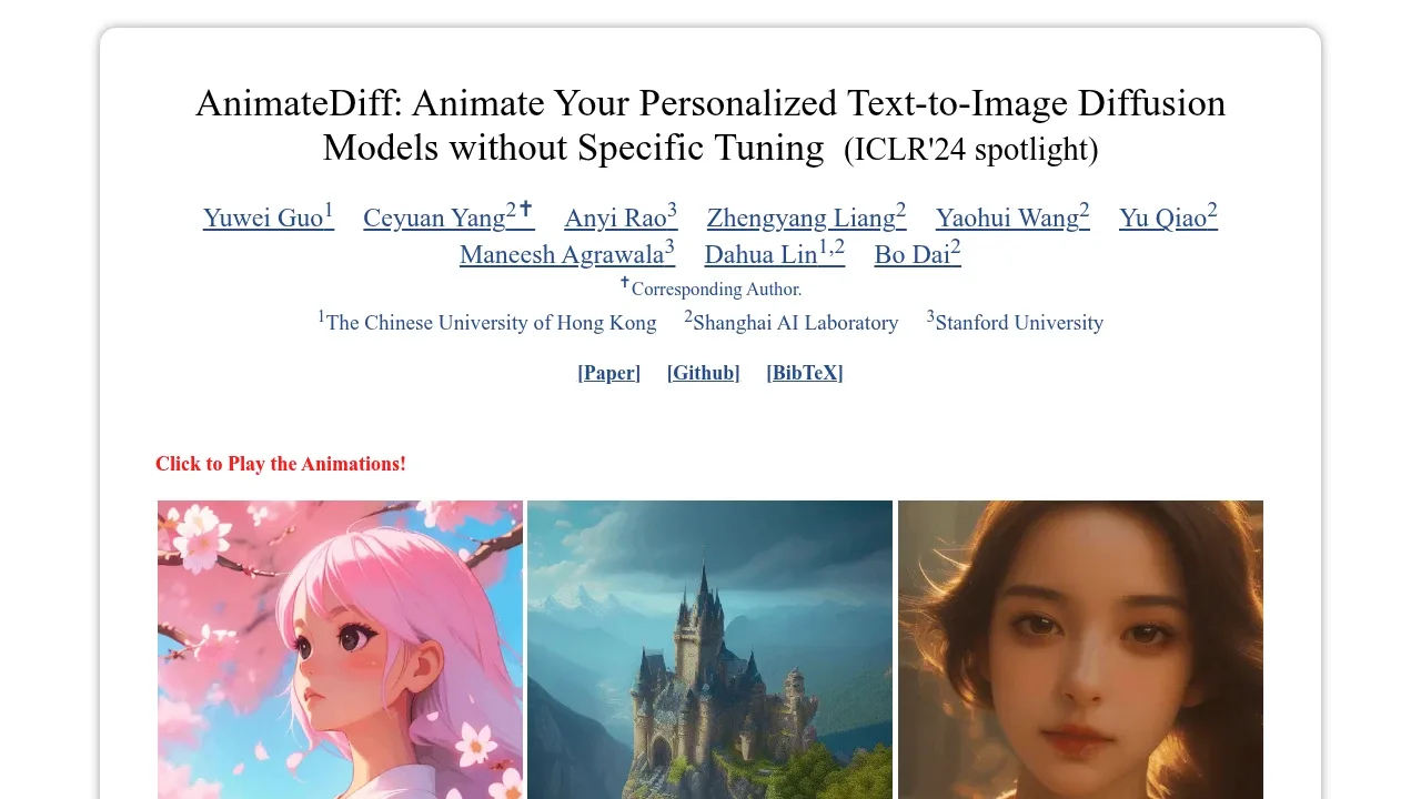 Screenshot of AnimateDiff website