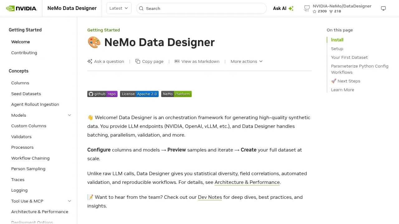 Screenshot of NVIDIA NeMo Data Designer website