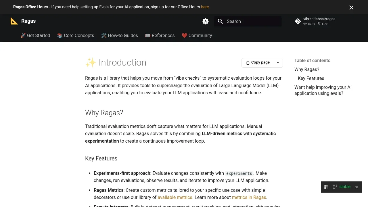 Screenshot of Ragas website