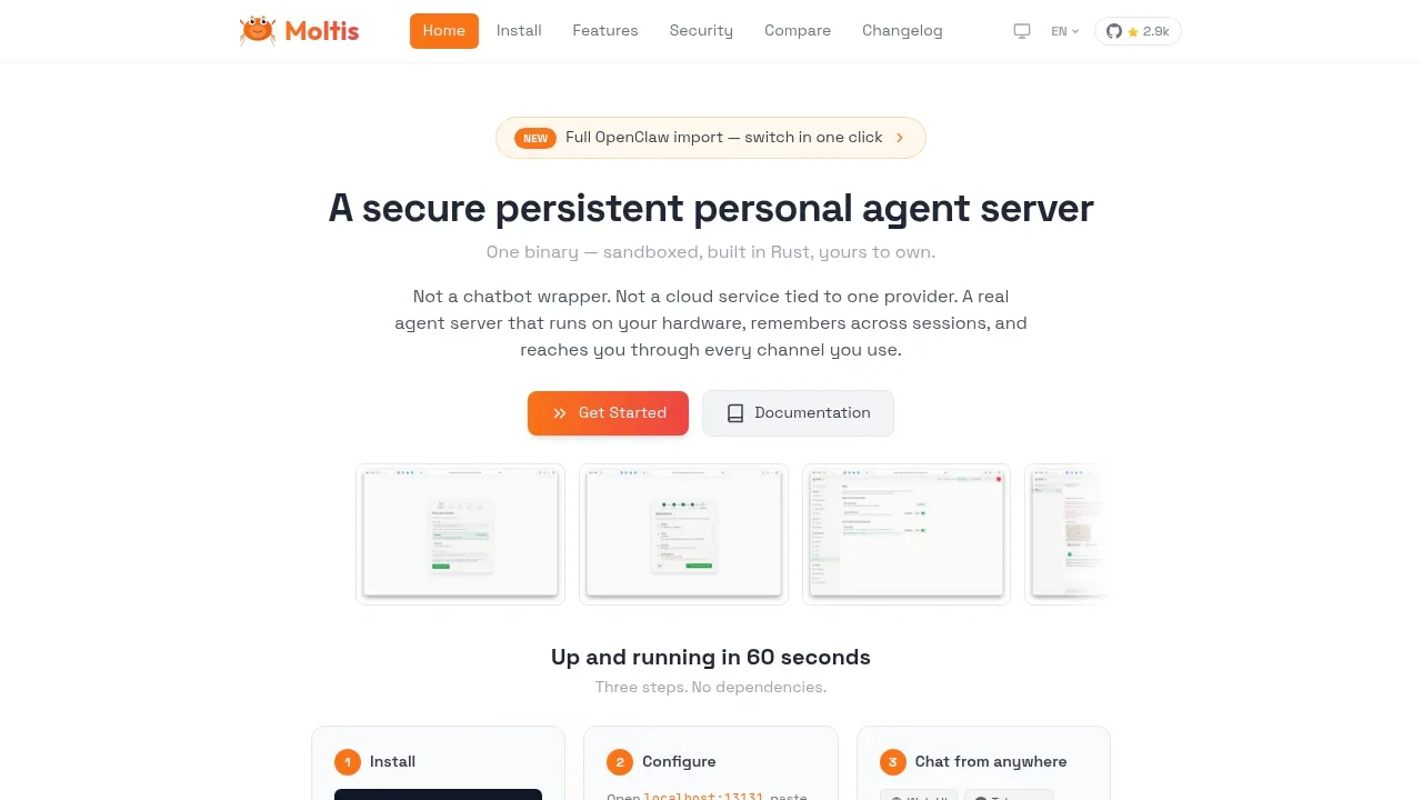 Screenshot of Moltis website