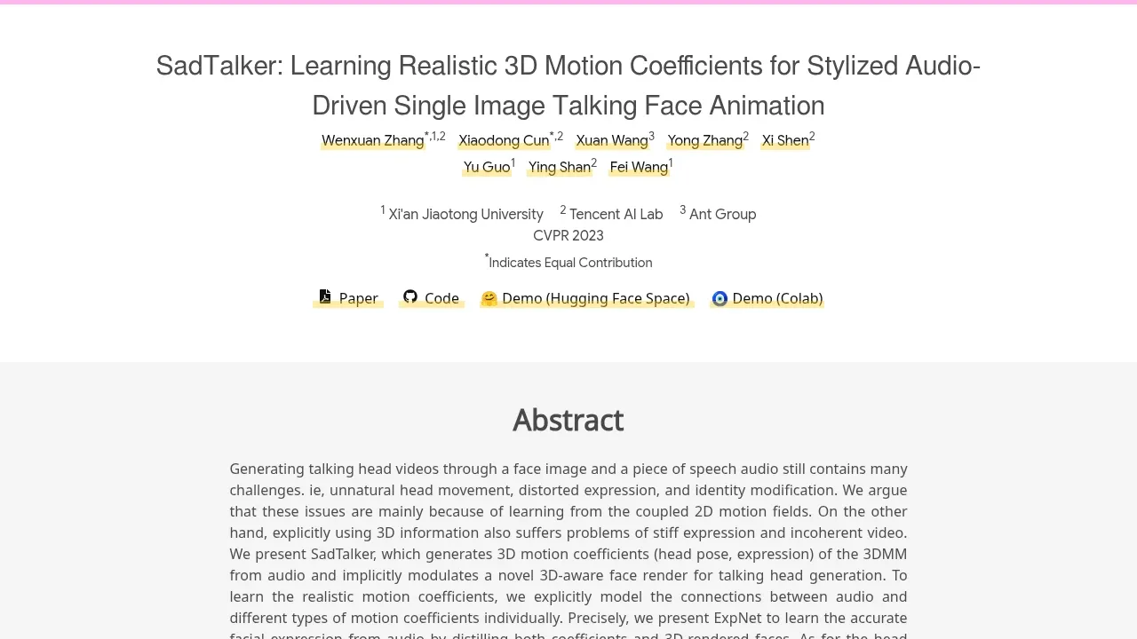 Screenshot of SadTalker website
