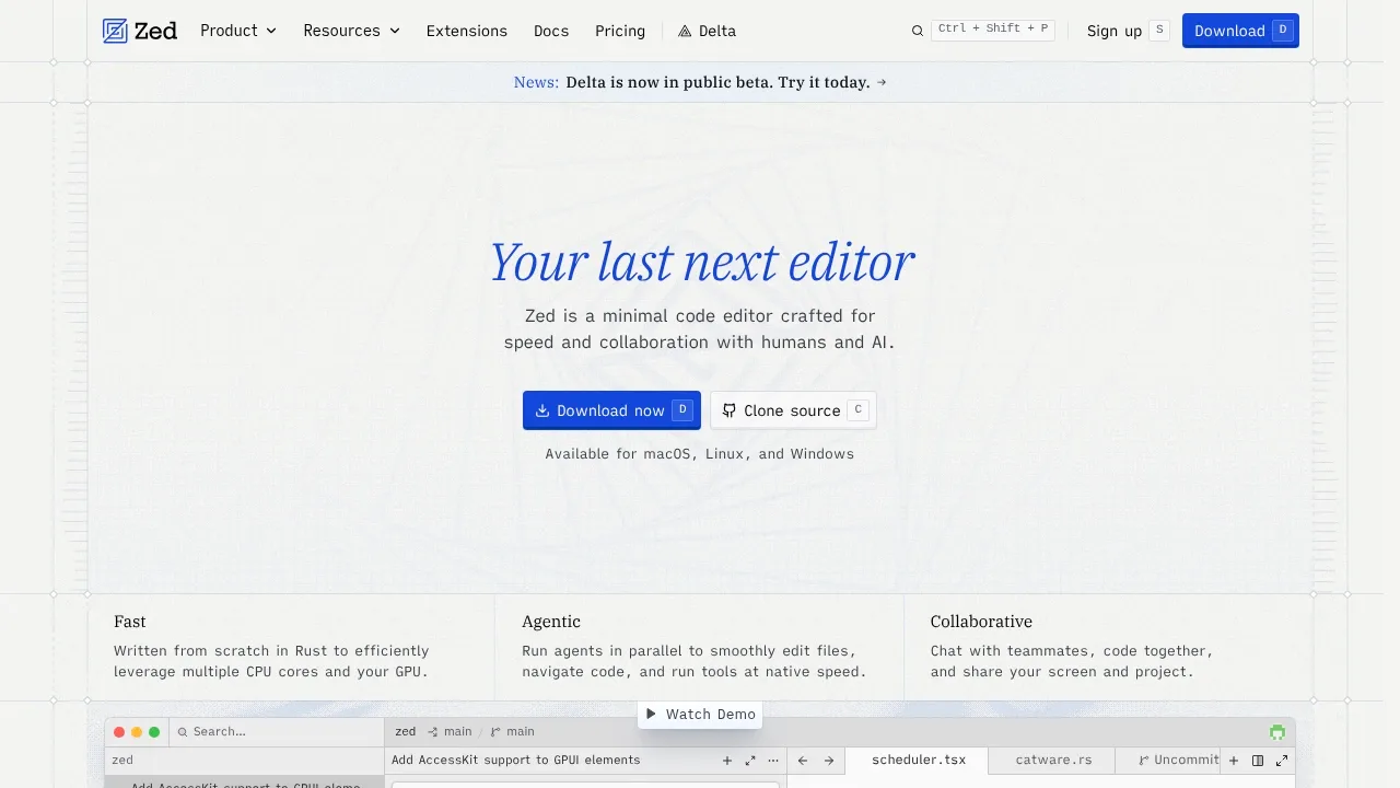 Screenshot of Zed website