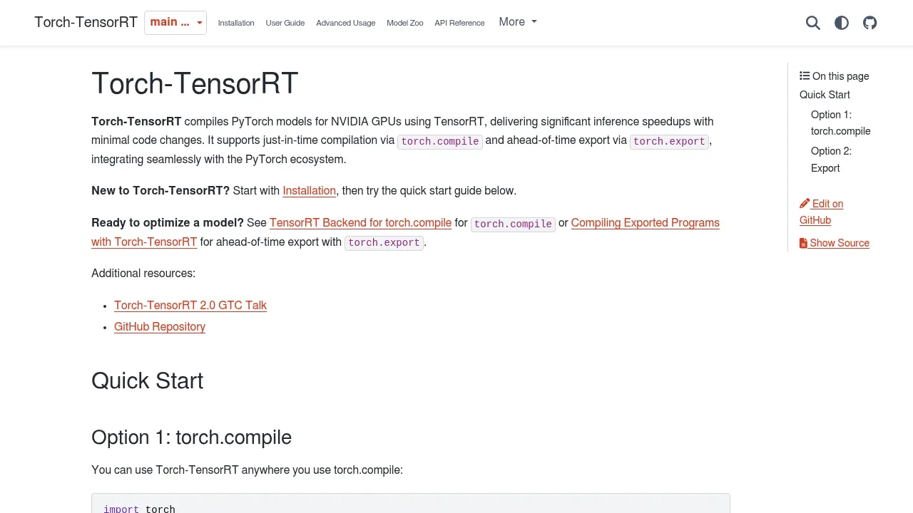 Screenshot of Torch-TensorRT website
