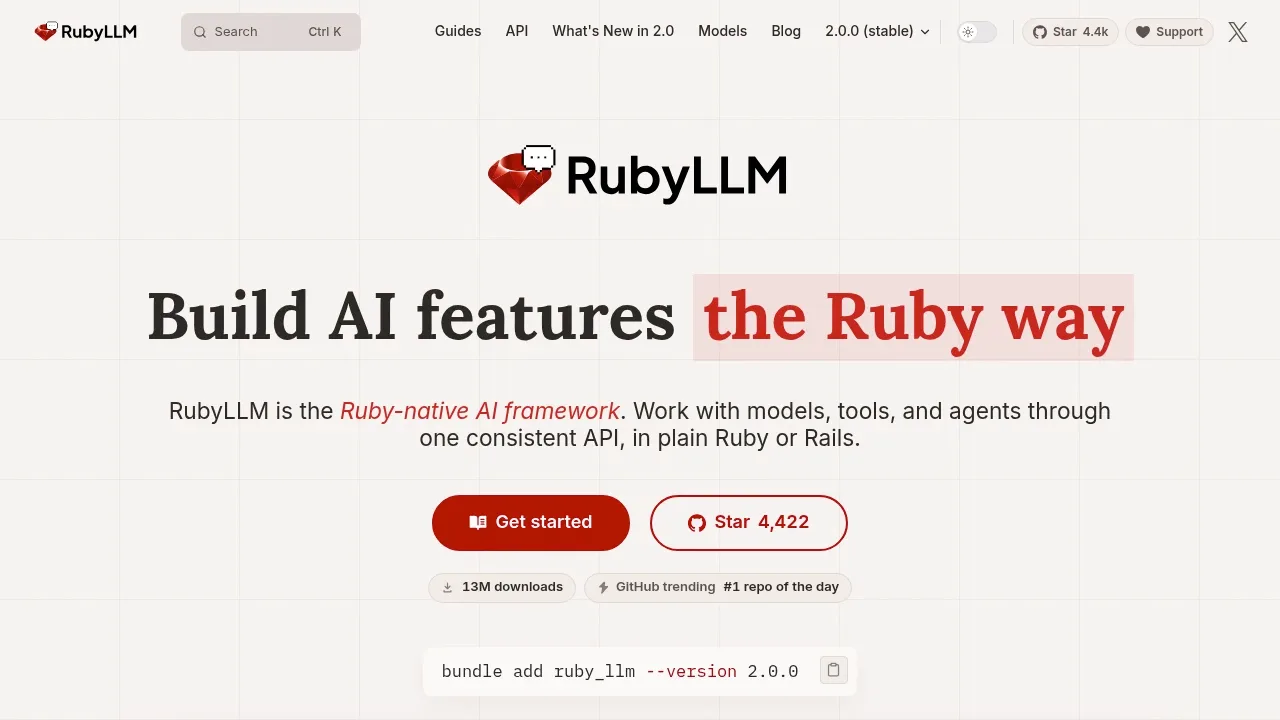 Screenshot of RubyLLM website